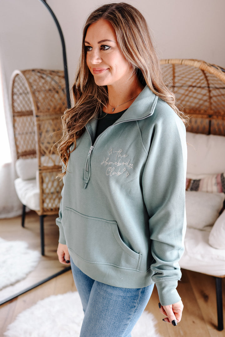 The Homebody Club Embroidered Half Zip - Sea Sage