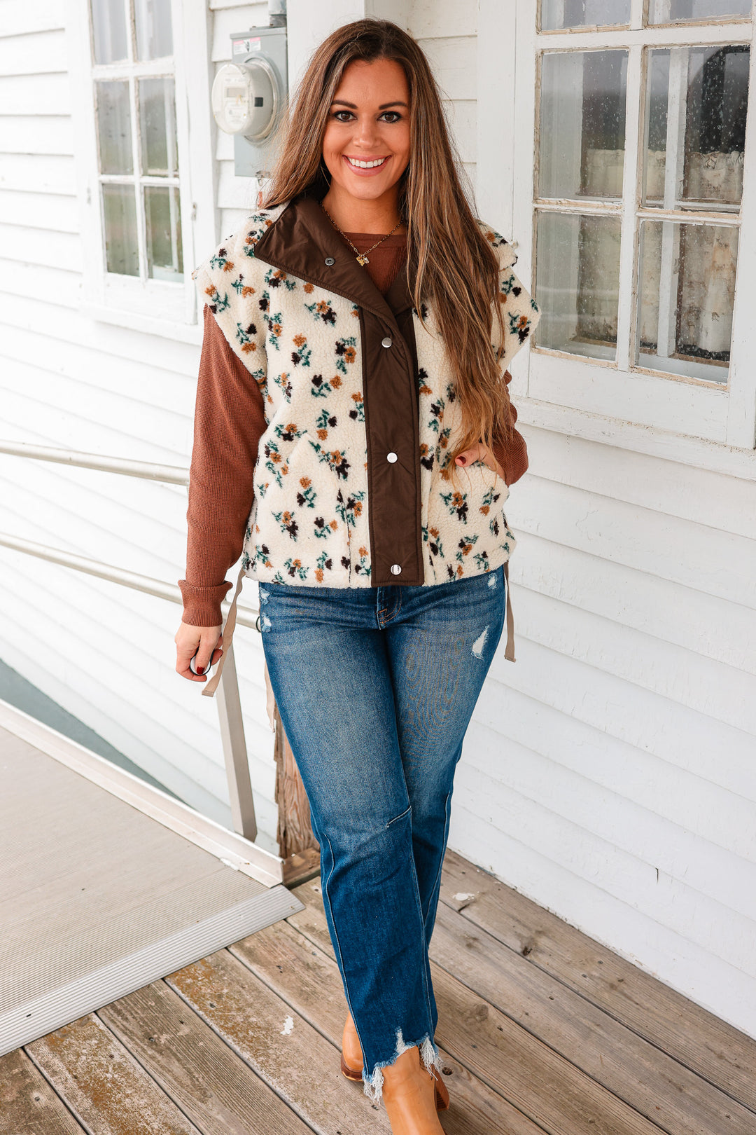 Floral Sherpa Boxy Fit Vest - Oatmeal/Brown
