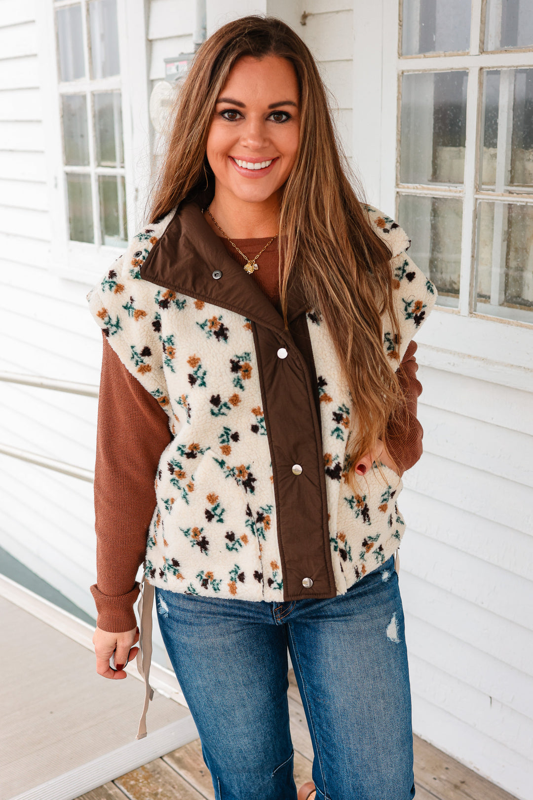 Floral Sherpa Boxy Fit Vest - Oatmeal/Brown