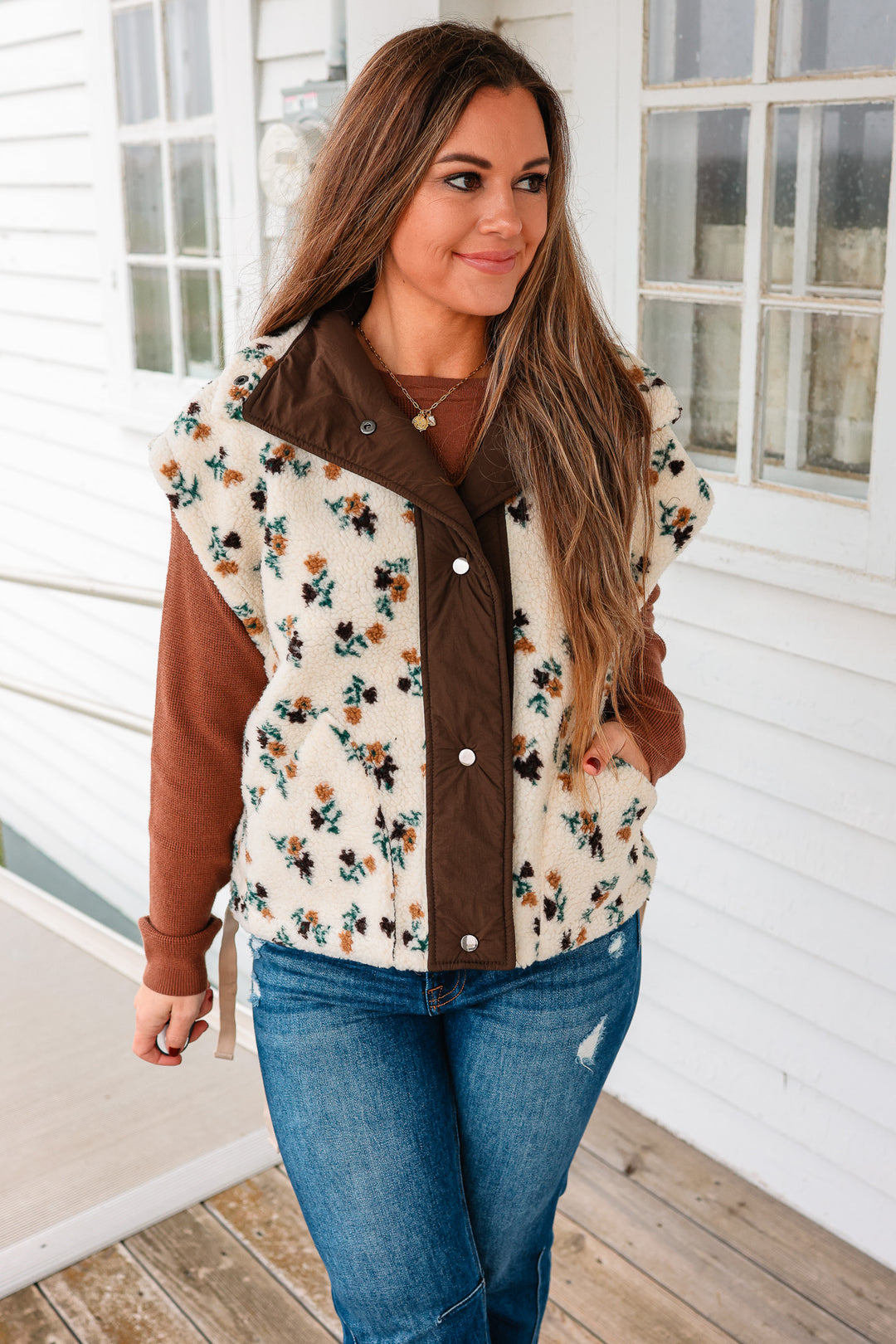 Floral Sherpa Boxy Fit Vest - Oatmeal/Brown