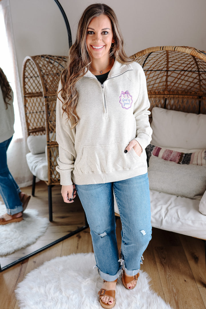 God is Good Frame Embroidered Half Zip - Oatmeal Heather
