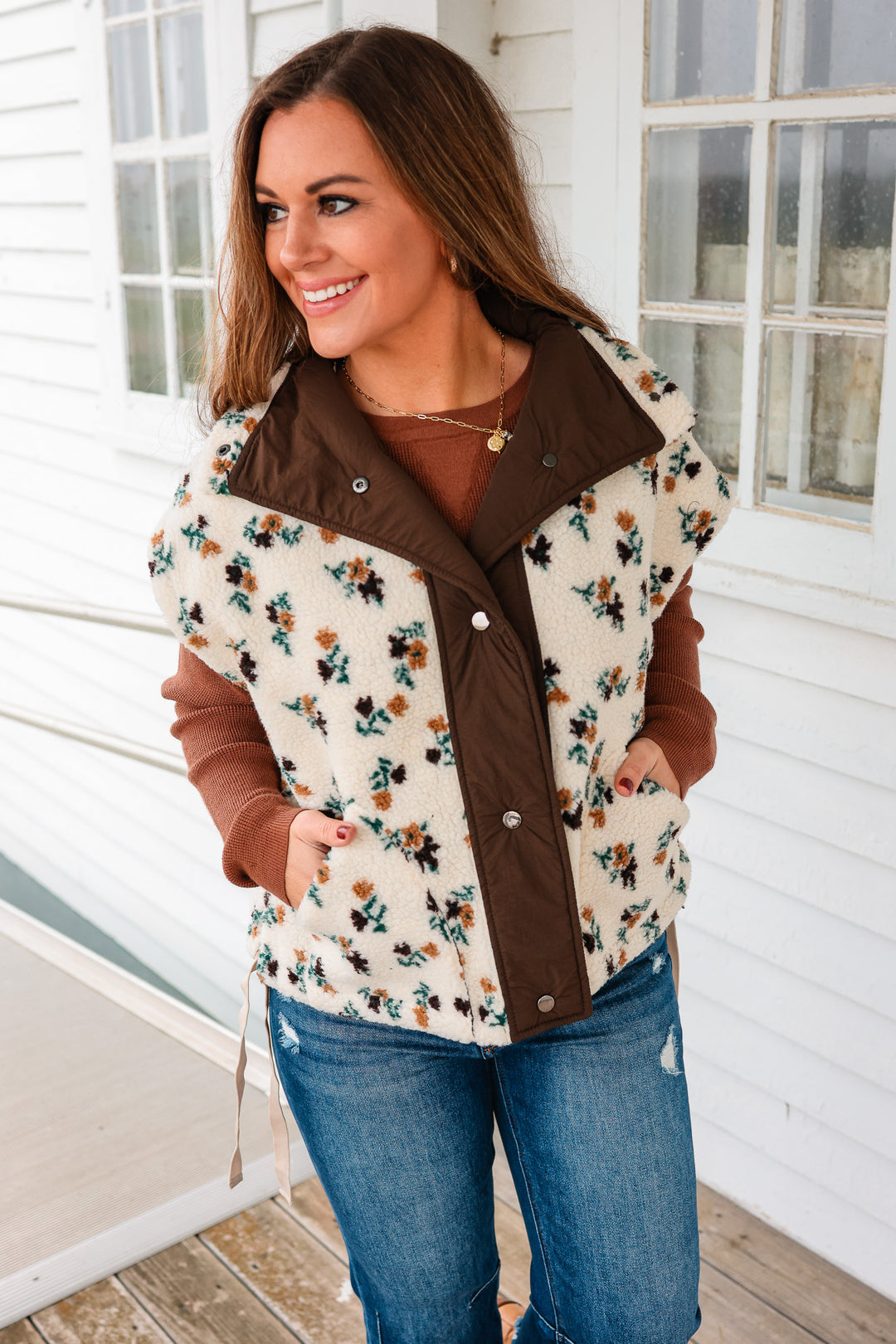 Floral Sherpa Boxy Fit Vest - Oatmeal/Brown