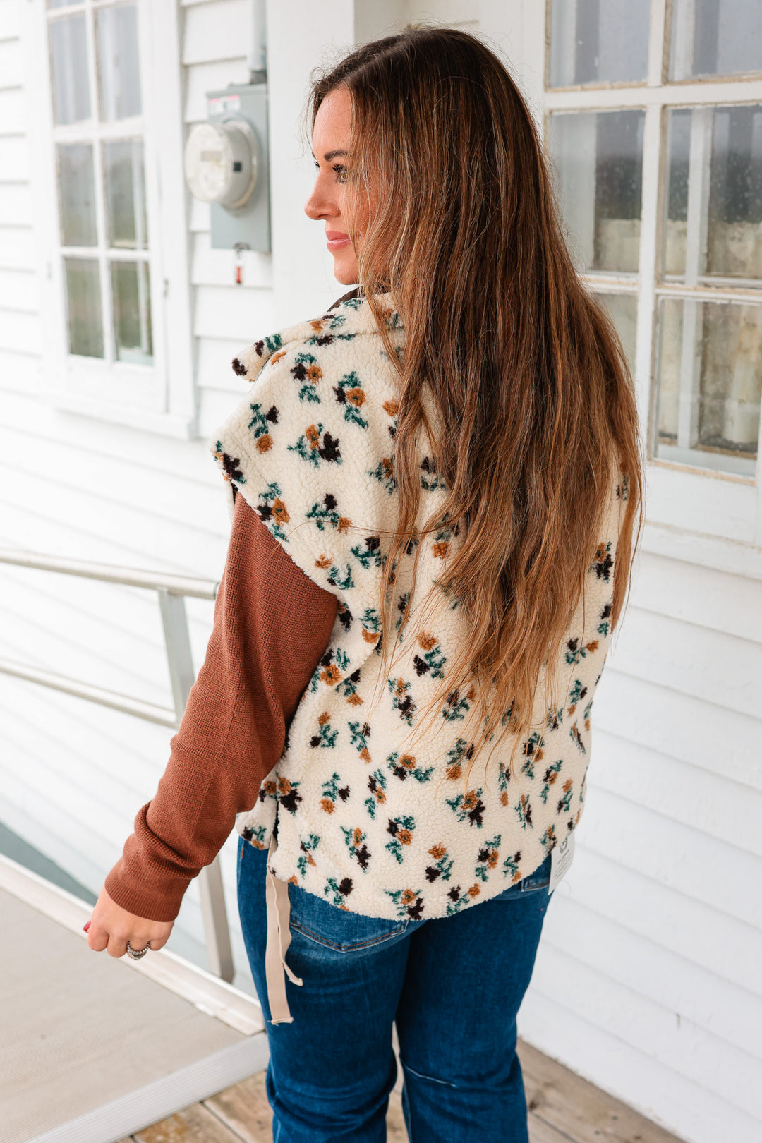 Floral Sherpa Boxy Fit Vest - Oatmeal/Brown