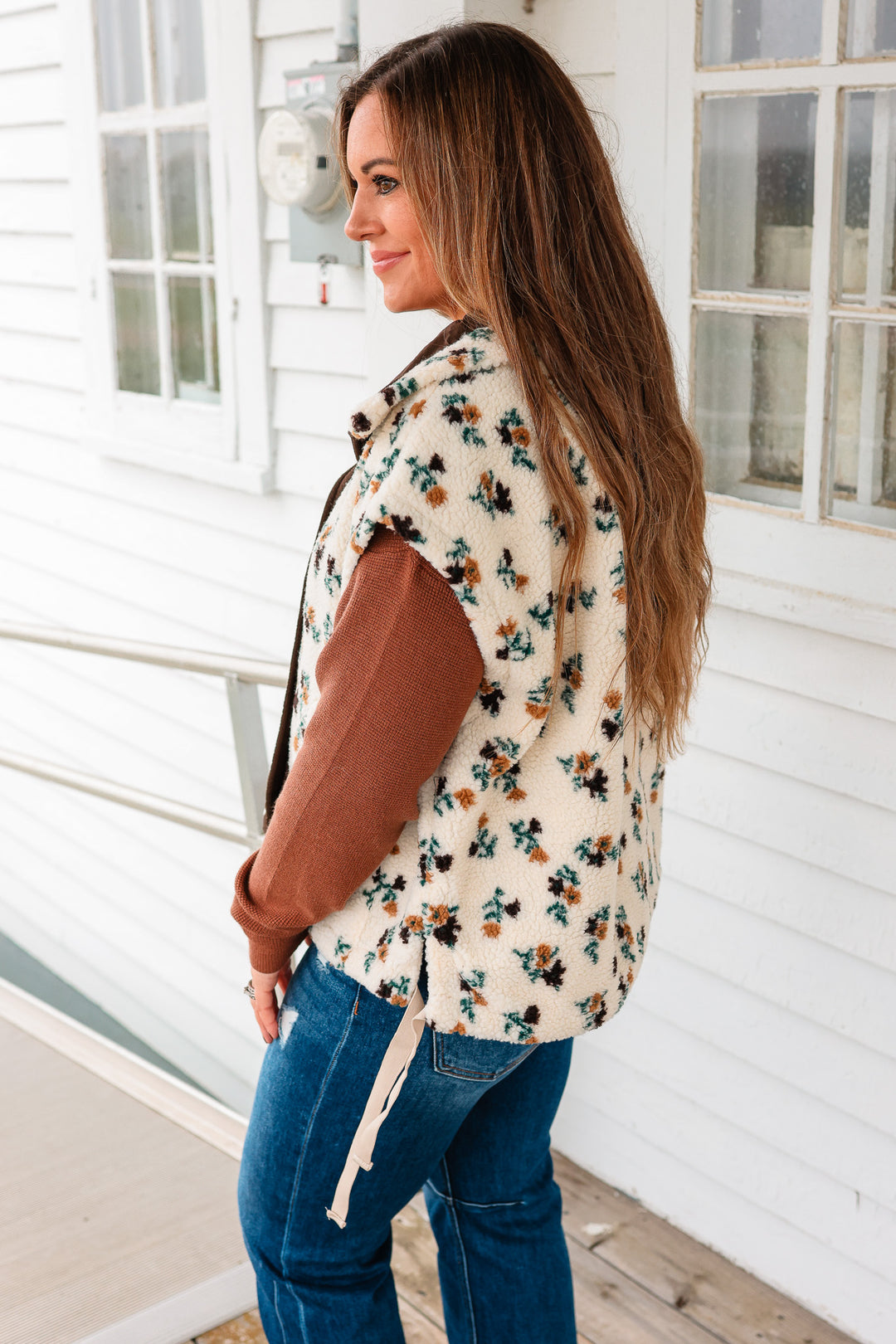 Floral Sherpa Boxy Fit Vest - Oatmeal/Brown