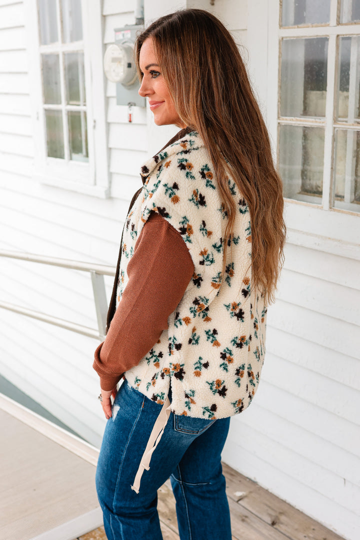 Floral Sherpa Boxy Fit Vest - Oatmeal/Brown