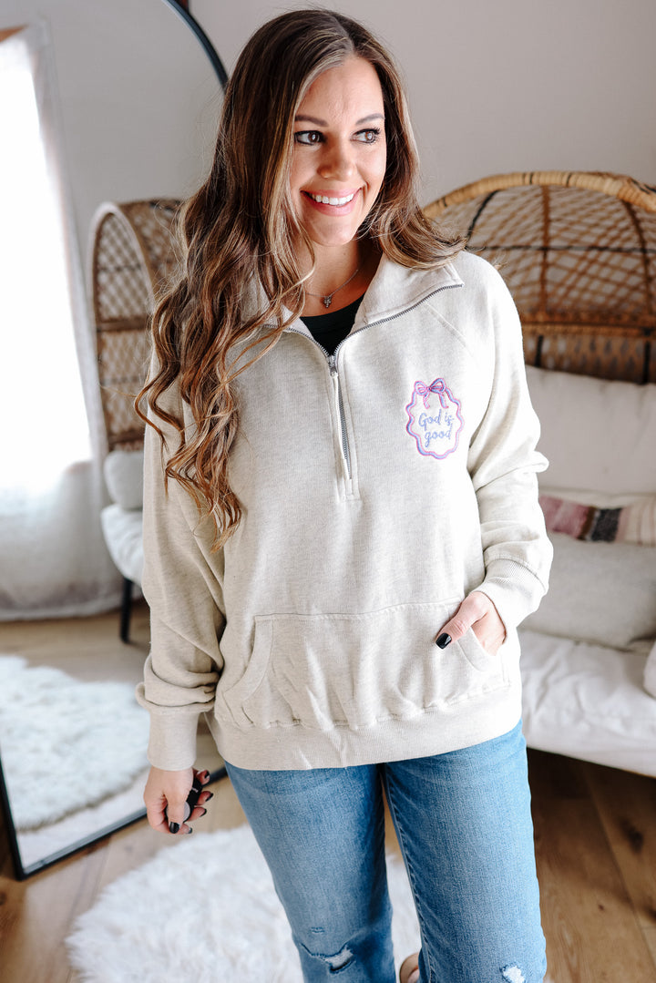 God is Good Frame Embroidered Half Zip - Oatmeal Heather