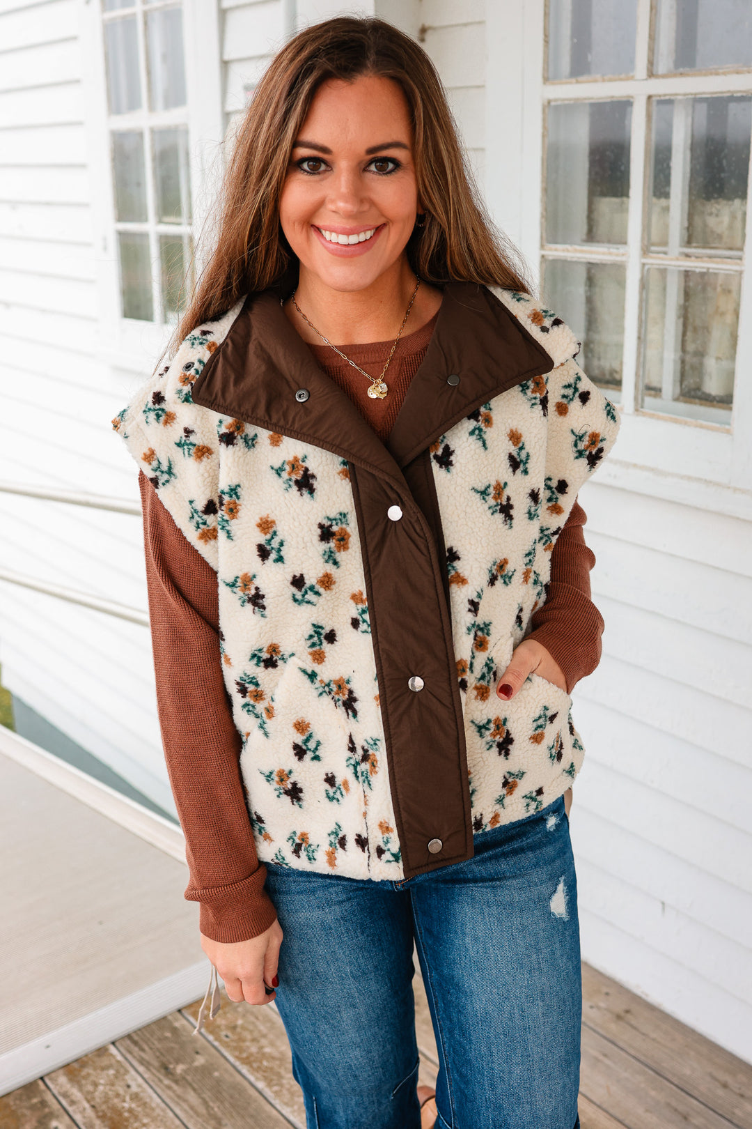 Floral Sherpa Boxy Fit Vest - Oatmeal/Brown