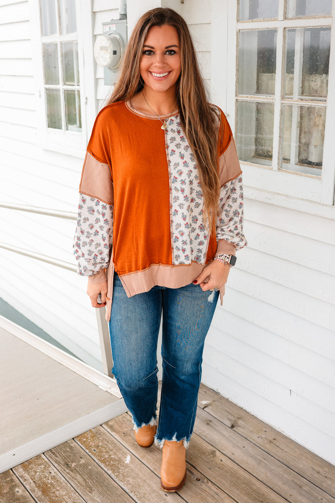 Lennox Floral Colorblock Patchwork Top - Rust/Taupe