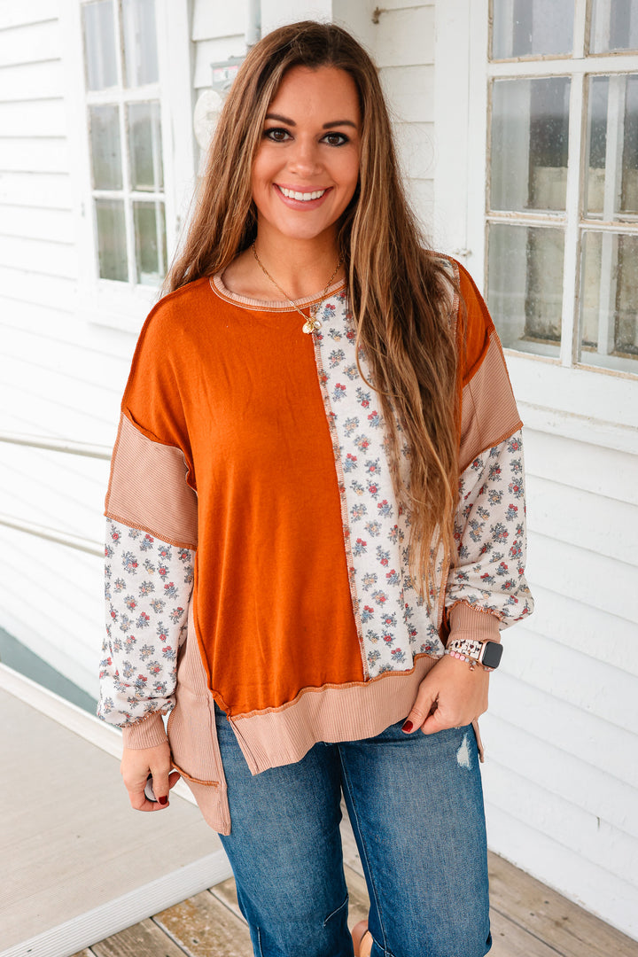 Lennox Floral Colorblock Patchwork Top - Rust/Taupe
