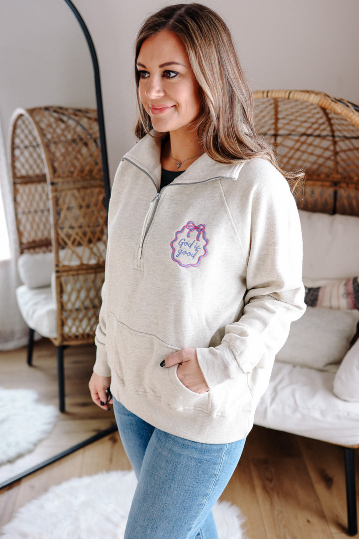 God is Good Frame Embroidered Half Zip - Oatmeal Heather