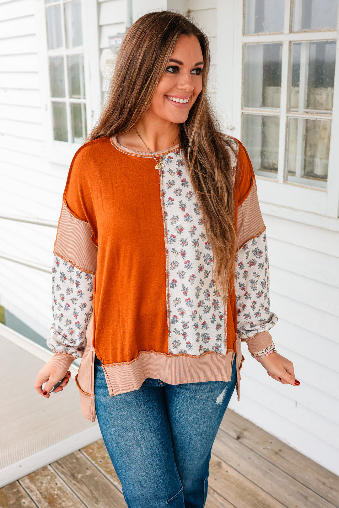 Lennox Floral Colorblock Patchwork Top - Rust/Taupe