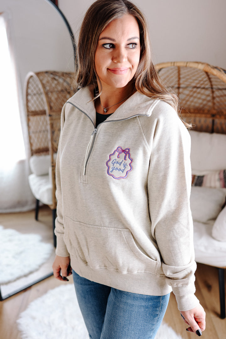 God is Good Frame Embroidered Half Zip - Oatmeal Heather