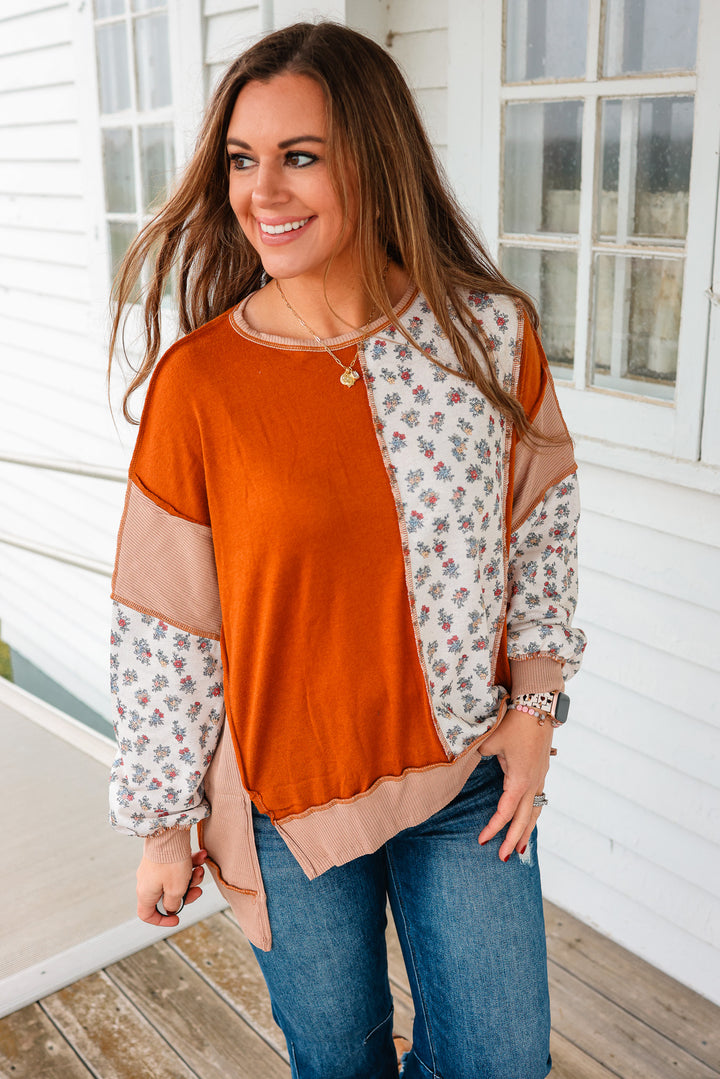 Lennox Floral Colorblock Patchwork Top - Rust/Taupe