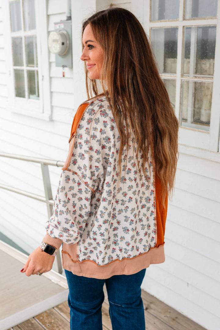 Lennox Floral Colorblock Patchwork Top - Rust/Taupe