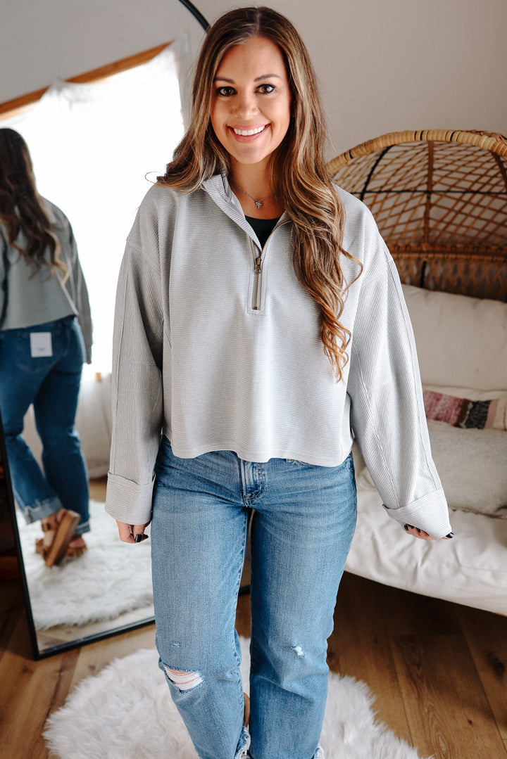 Jade Ribbed Half Zip Cropped Pullover - Heather Grey