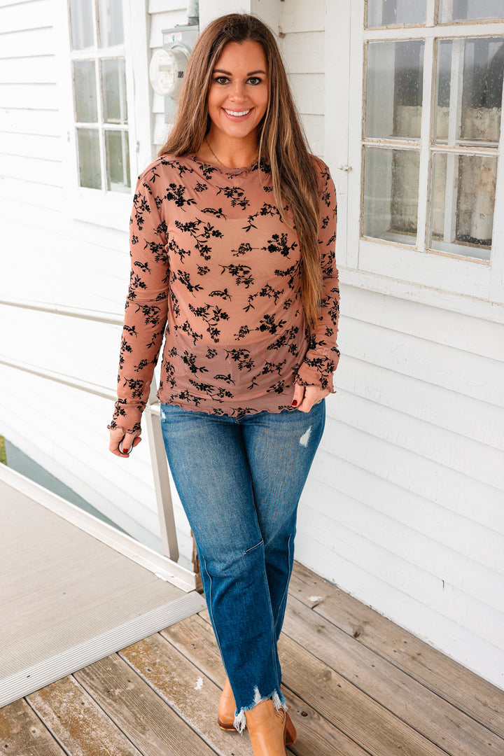 Velvet Flocking Floral Mesh Top - Mocha/Black