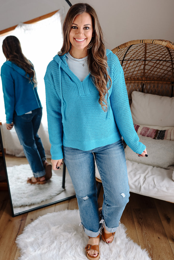 Aria V-Neck Knit Hoodie Sweater - Blue