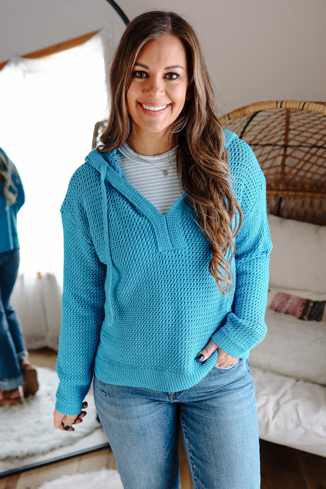 Aria V-Neck Knit Hoodie Sweater - Blue