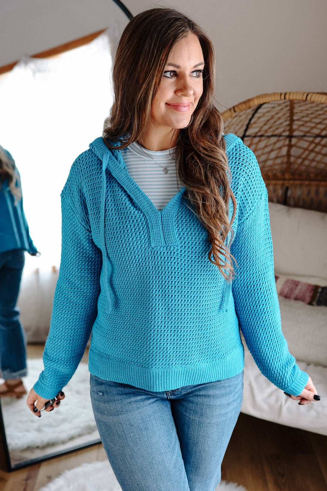 Aria V-Neck Knit Hoodie Sweater - Blue