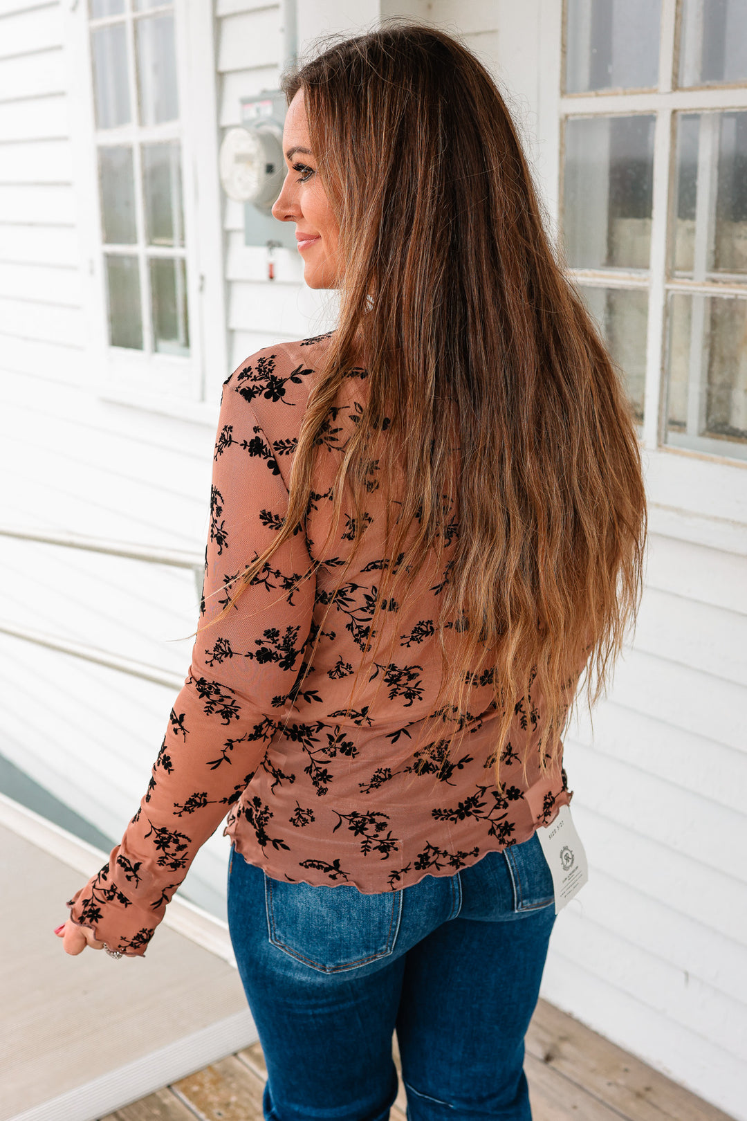 Velvet Flocking Floral Mesh Top - Mocha/Black