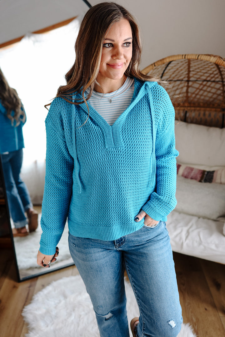 Aria V-Neck Knit Hoodie Sweater - Blue