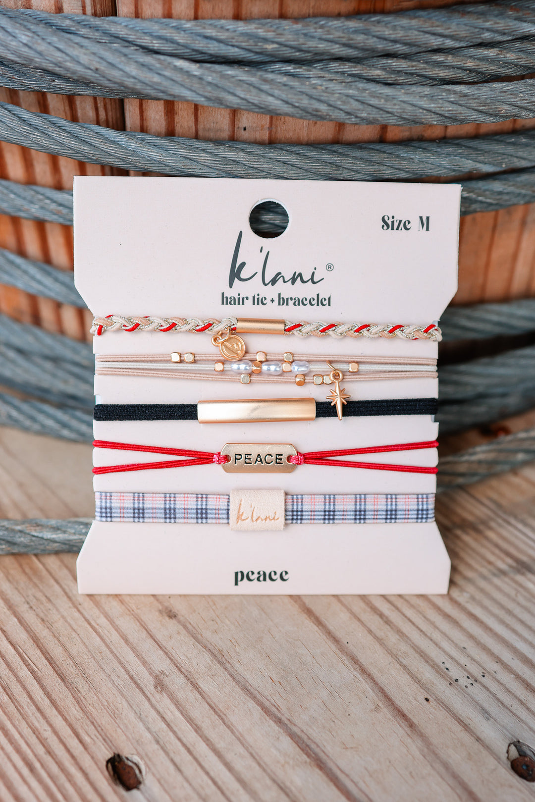 "Peace" Holiday Red & Cream Plaid with Gold Accents Hair Tie Bracelets