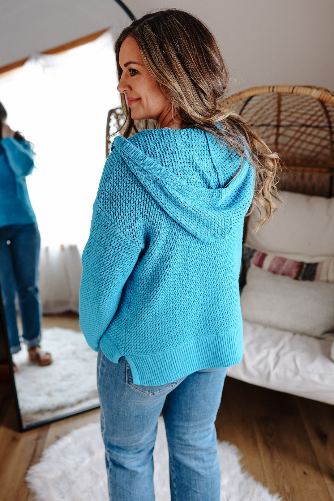 Aria V-Neck Knit Hoodie Sweater - Blue