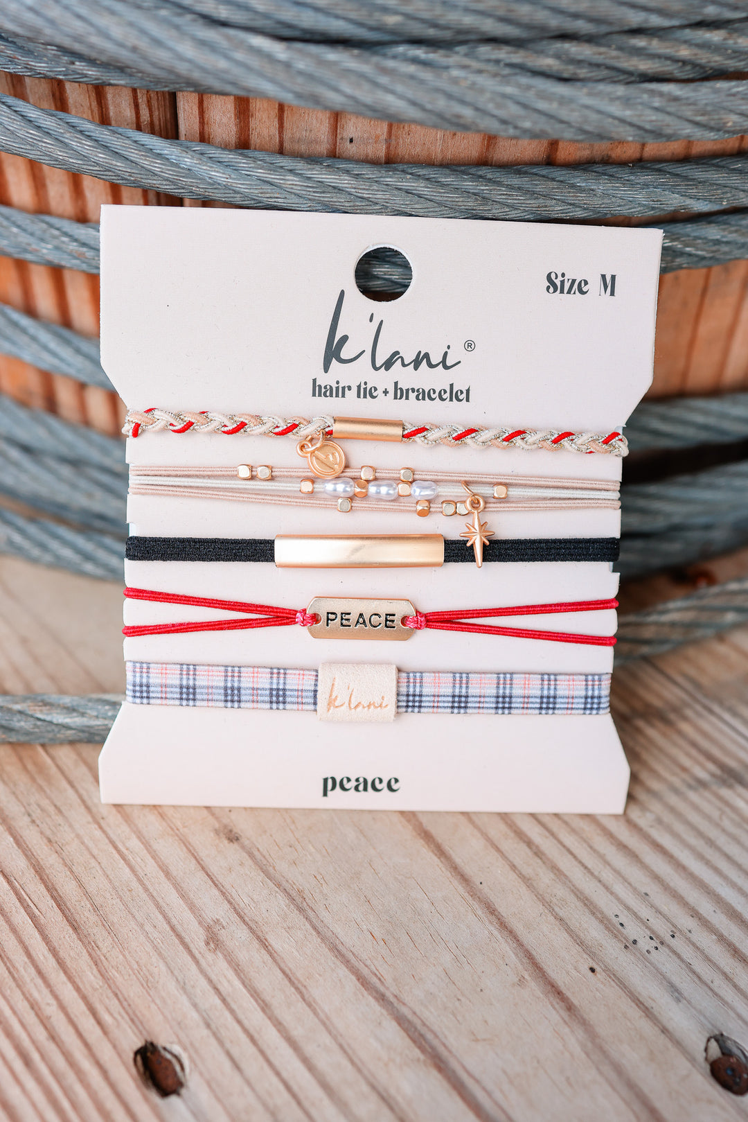 "Peace" Holiday Red & Cream Plaid with Gold Accents Hair Tie Bracelets