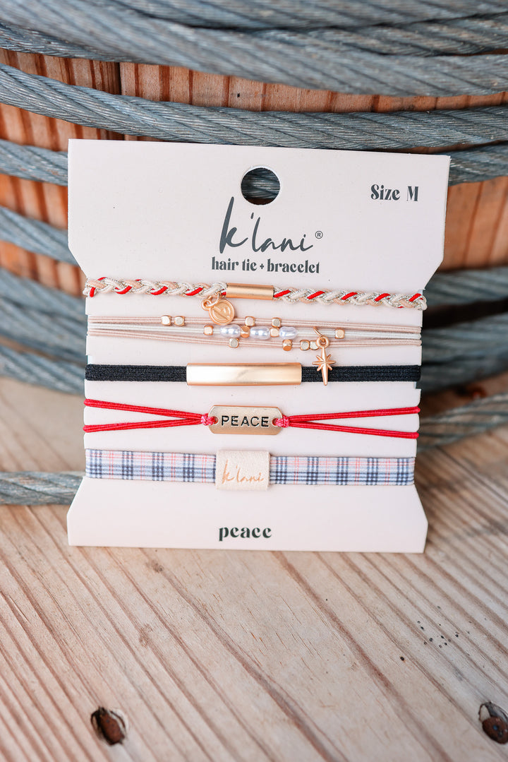 "Peace" Holiday Red & Cream Plaid with Gold Accents Hair Tie Bracelets