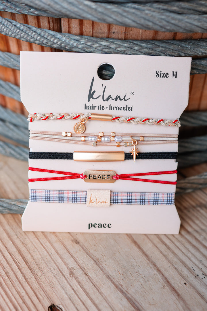 "Peace" Holiday Red & Cream Plaid with Gold Accents Hair Tie Bracelets