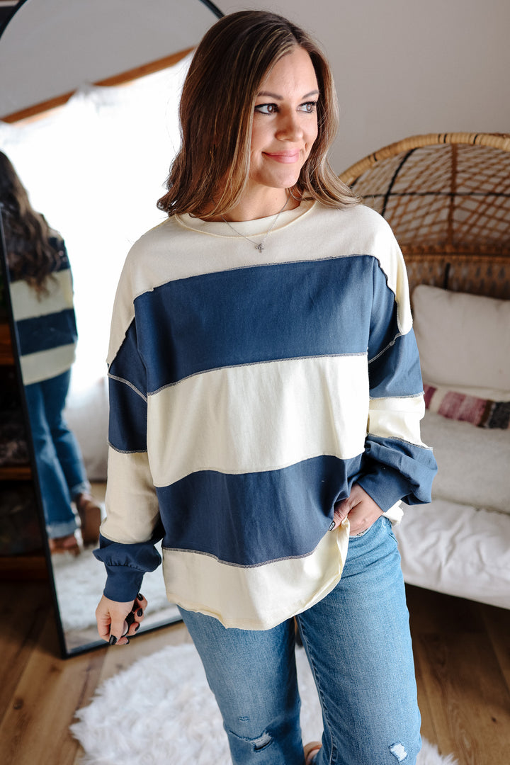 Mariella Panel Long Sleeve Top - Navy