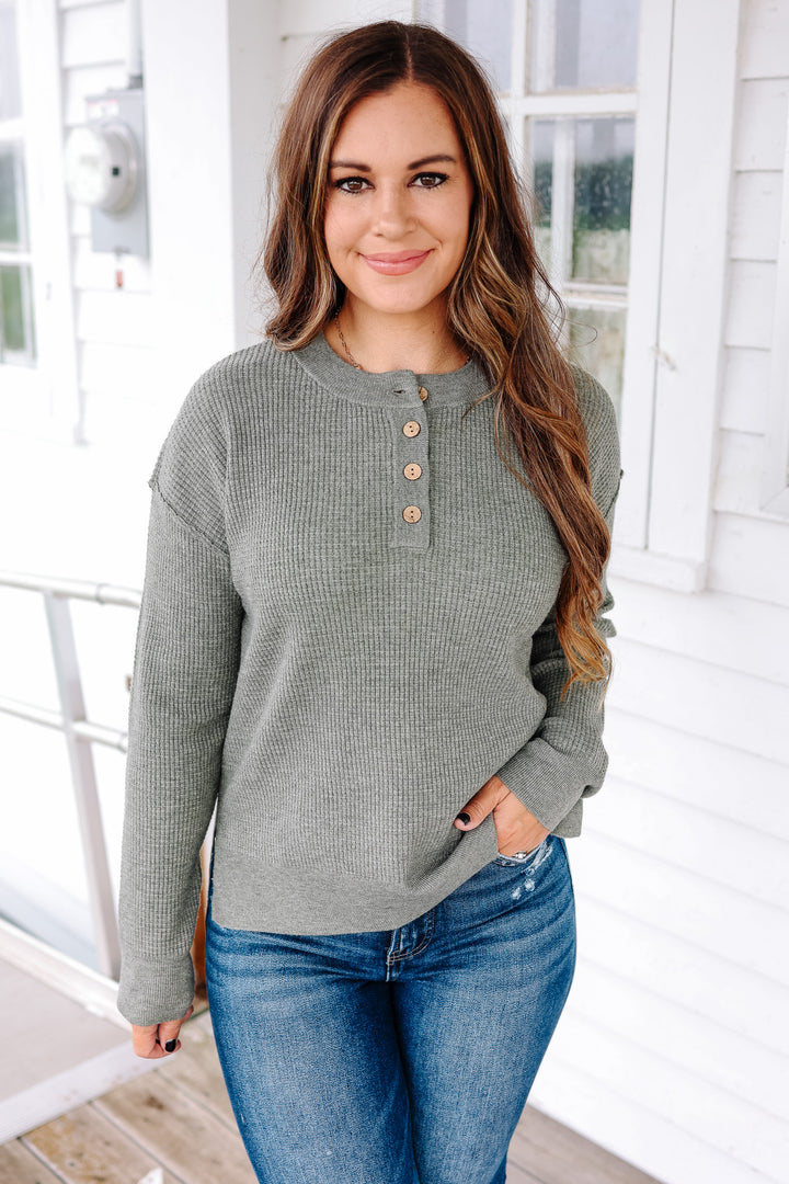 Gianna Waffle Sweater - Olive