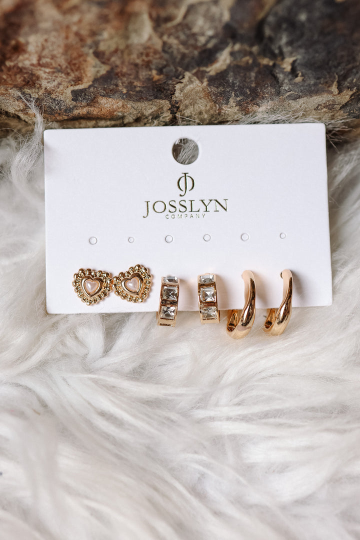 Pearl Heart & Rhinestone Huggie Hoop Trio Earring