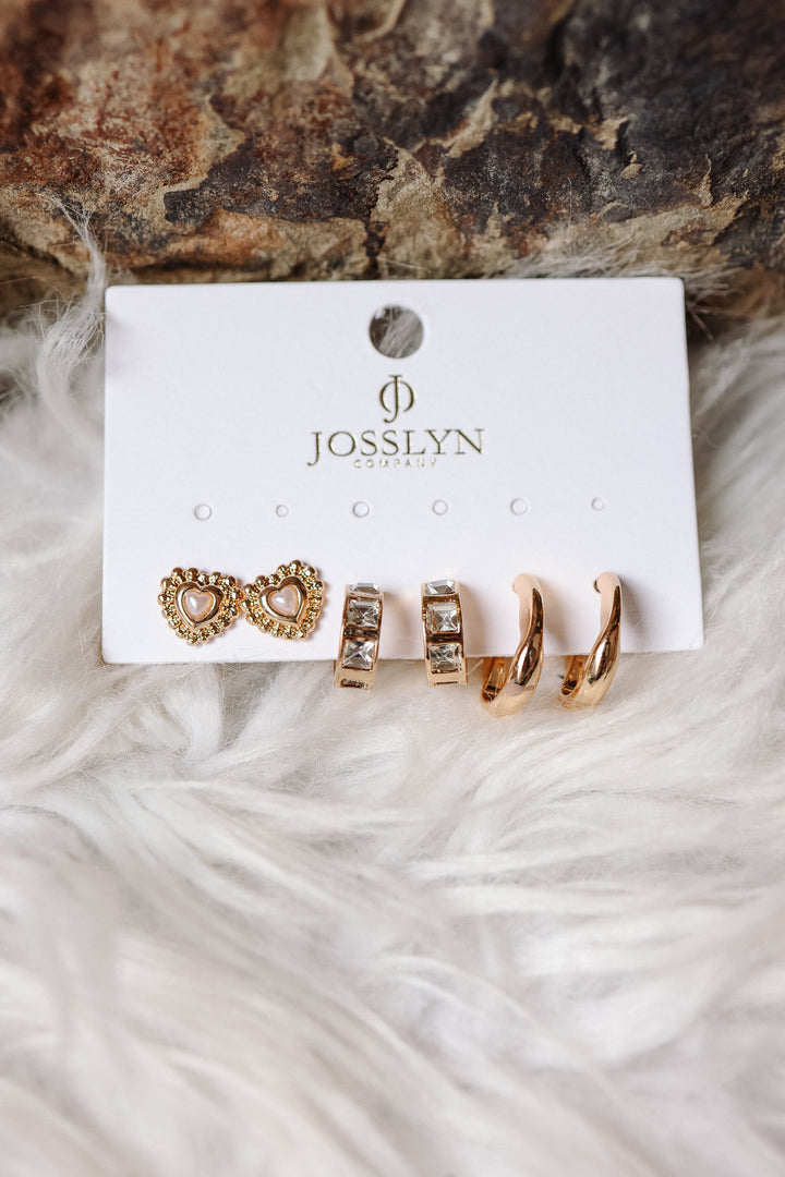 Pearl Heart & Rhinestone Huggie Hoop Trio Earring