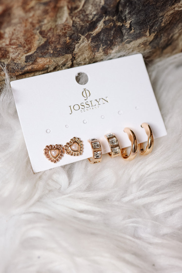 Pearl Heart & Rhinestone Huggie Hoop Trio Earring