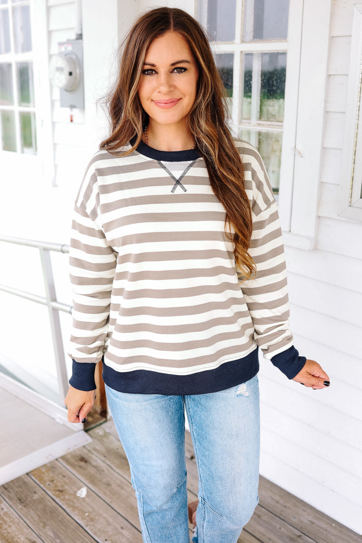 Wren Color Contrast Stripe Sweatershirt - Olive/Navy