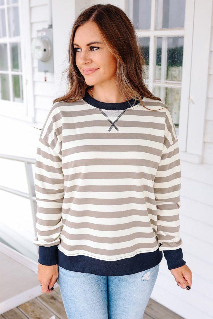 Wren Color Contrast Stripe Sweatershirt - Olive/Navy