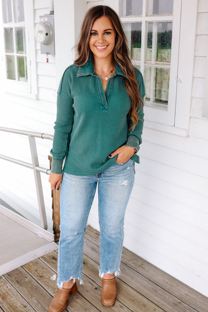 Erin Washed Thermal Top - Forrest Green