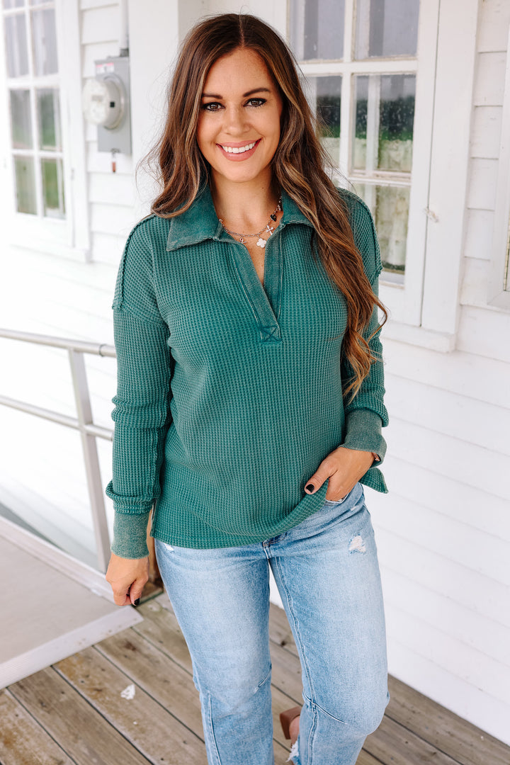 Erin Washed Thermal Top - Forrest Green