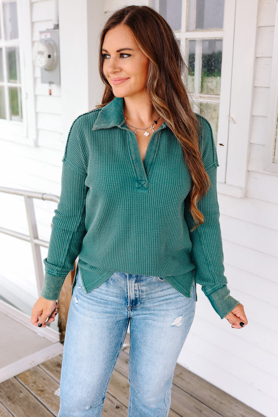 Erin Washed Thermal Top - Forrest Green
