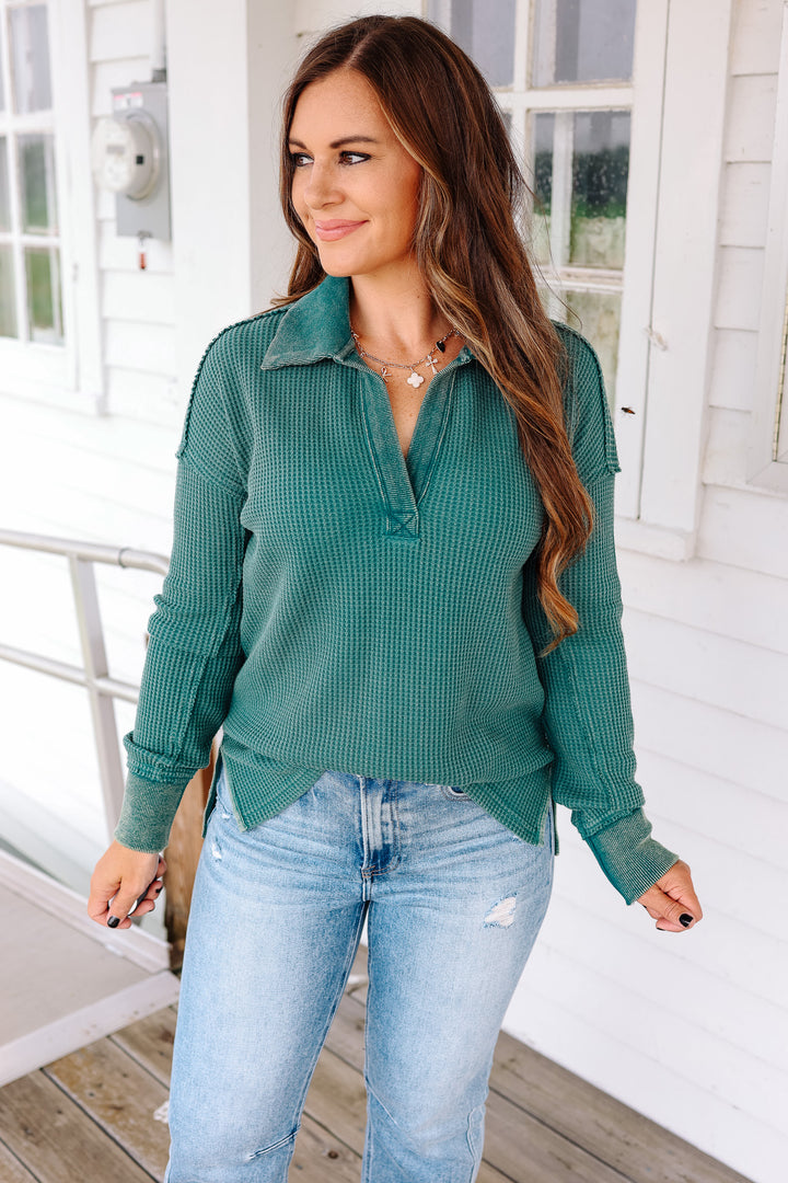 Erin Washed Thermal Top - Forrest Green