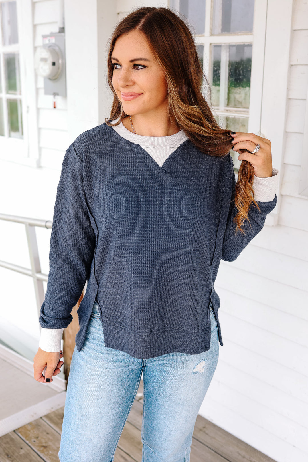 Mia Brushed Thermal Pullover - Navy