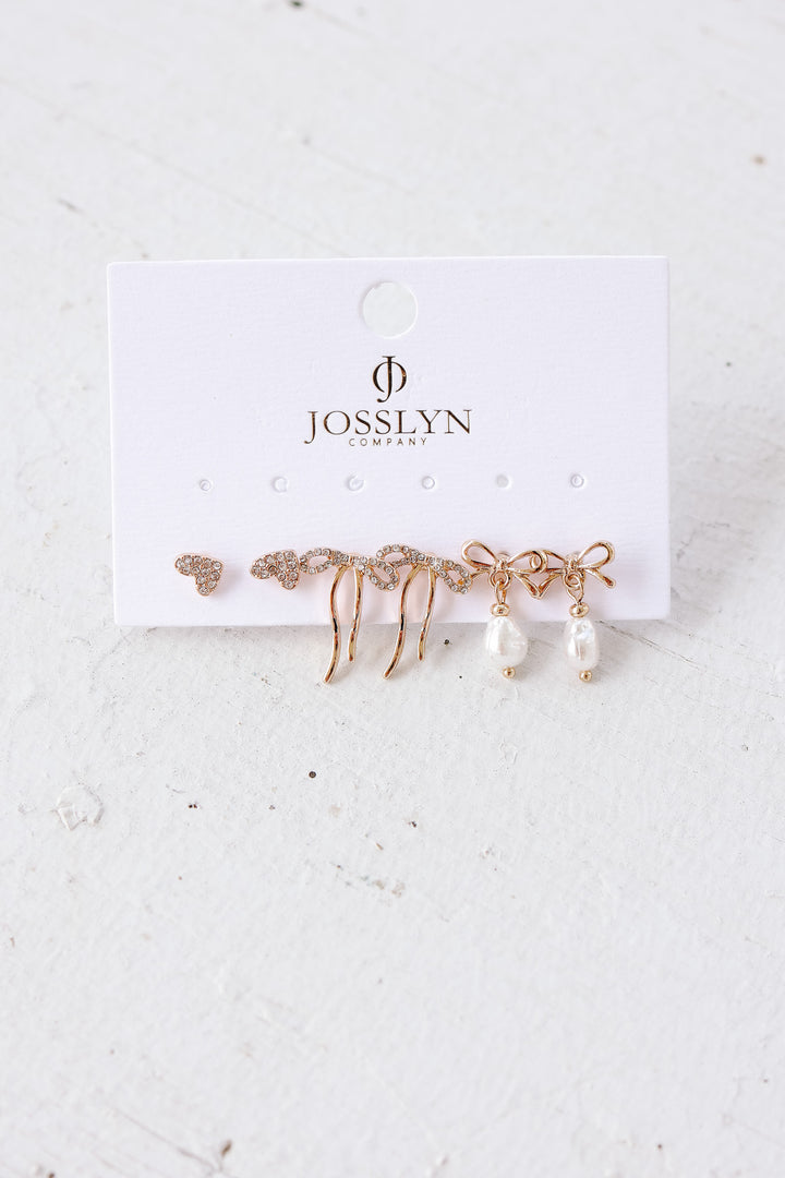 Rhinestone Heart Bow Pearl Drop Bow Earrings