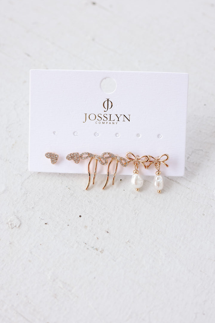 Rhinestone Heart Bow Pearl Drop Bow Earrings