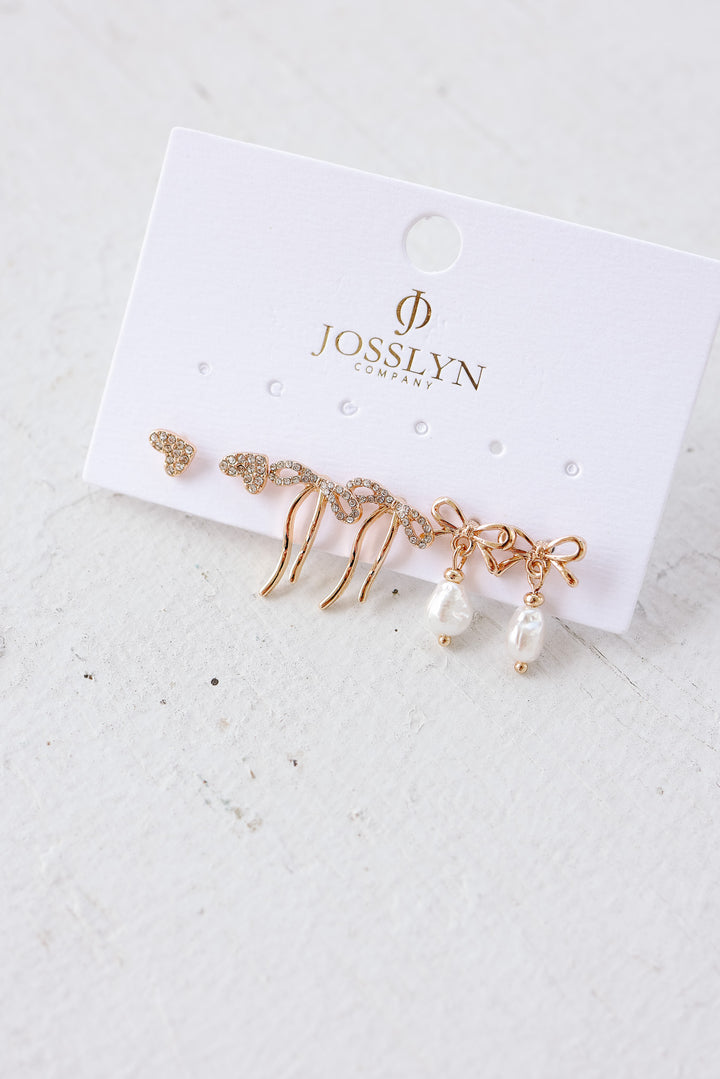 Rhinestone Heart Bow Pearl Drop Bow Earrings