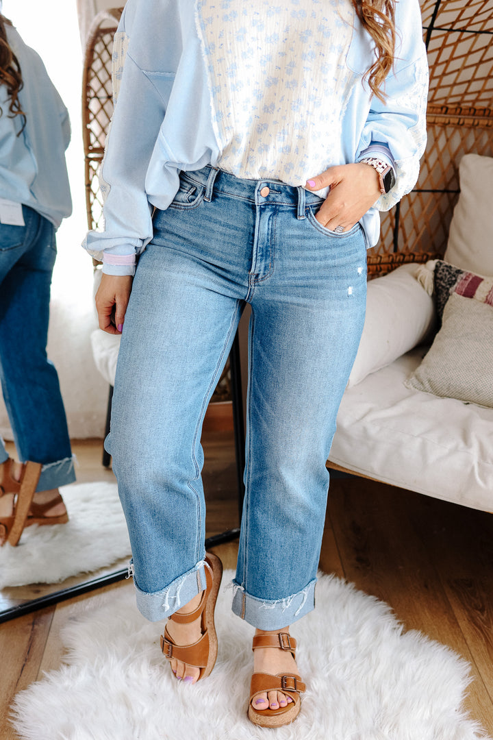 FLYING MONKEY: Sawyer Cuffed Slim Wide Jeans
