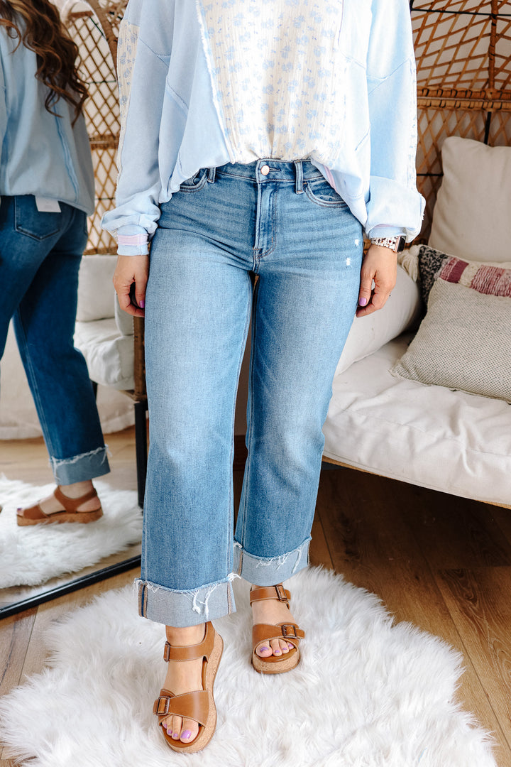 FLYING MONKEY: Sawyer Cuffed Slim Wide Jeans