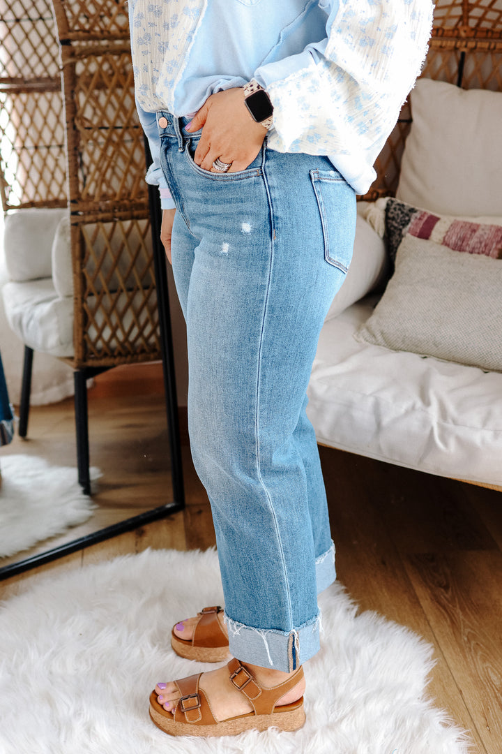 FLYING MONKEY: Sawyer Cuffed Slim Wide Jeans