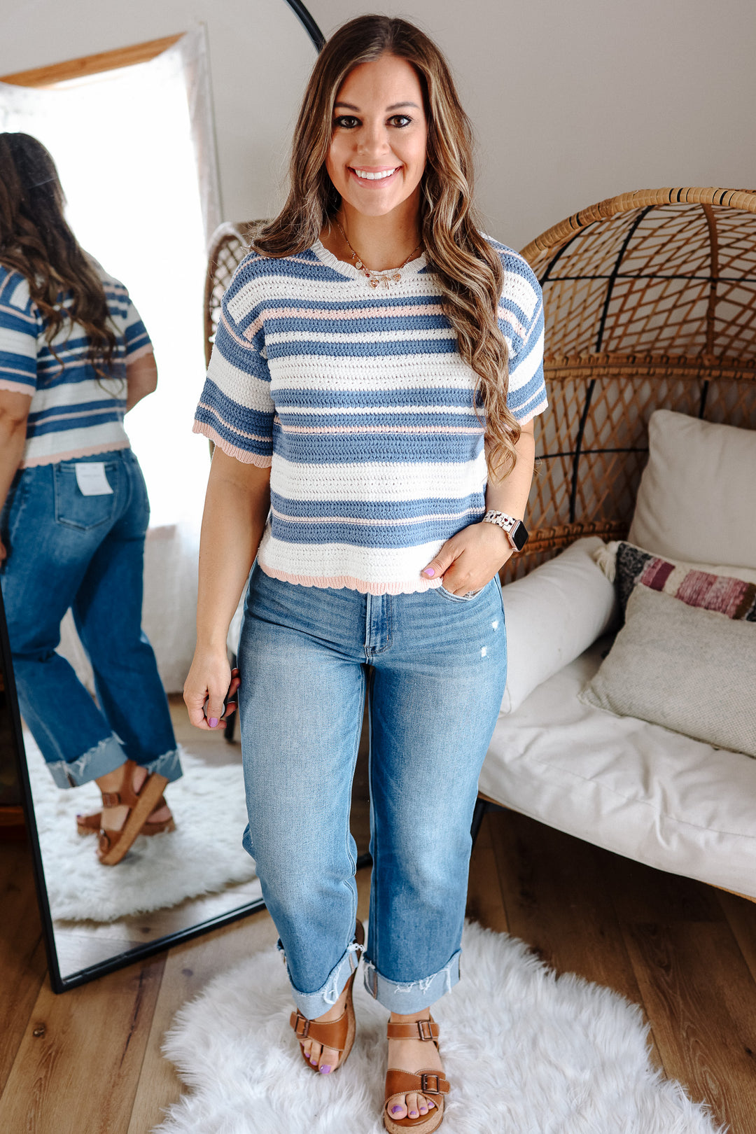 Ashtyn Weave Striped Sweater - Blue/Peach