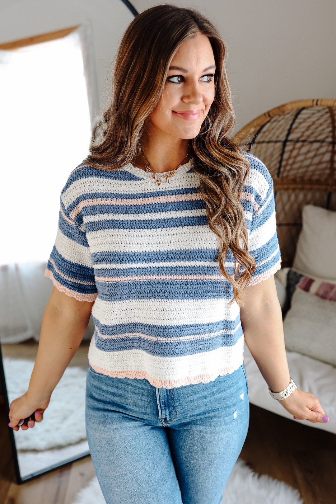 Ashtyn Weave Striped Sweater - Blue/Peach